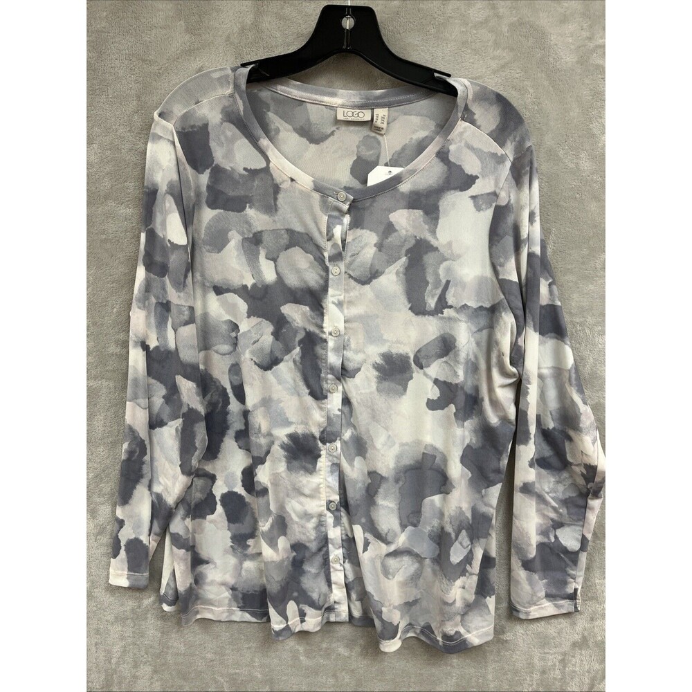 Logo Lori Goldstein Top‎ Women's 1X Mesh Abstract Gray Long Sleeve Button Up